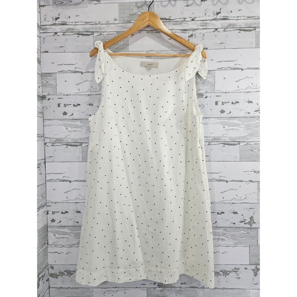 Loft White Polka Dot Linen Blend Tie Shoulder Shift Dress XL